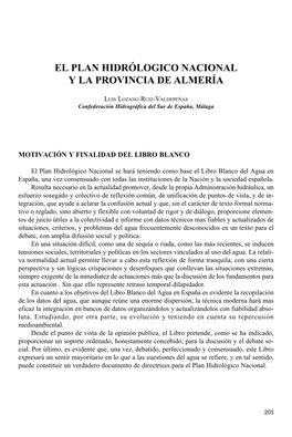 El Plan Hidrólogico Nacional Y La Provincia De Almería