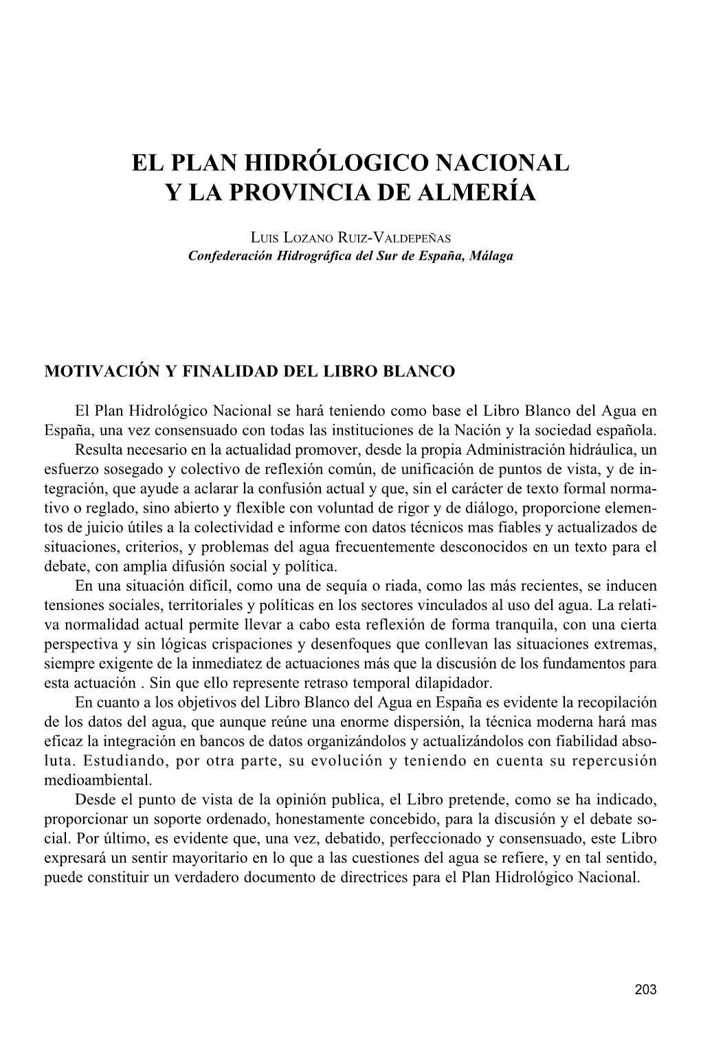 El Plan Hidrólogico Nacional Y La Provincia De Almería