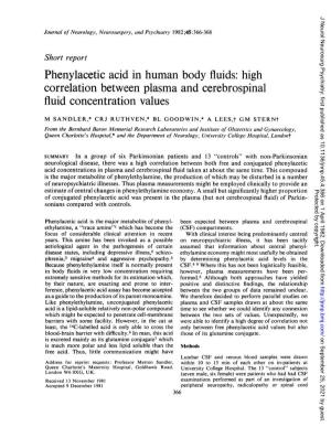Phenylacetic Acid in Human Body Fluids: High Correlation Between Plasma and Cerebrospinal Fluid Concentration Values