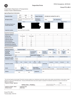 FTA WMATA Safety Oversight Inspection Reports January 2018