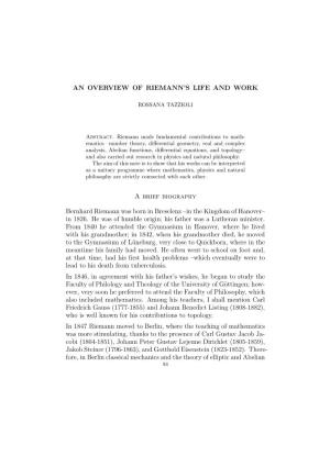 AN OVERVIEW of RIEMANN's LIFE and WORK a Brief Biography
