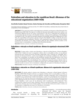 Federalism and Education in the Republican Brazil: Dilemmas of the Educational Organization (1889-1930)