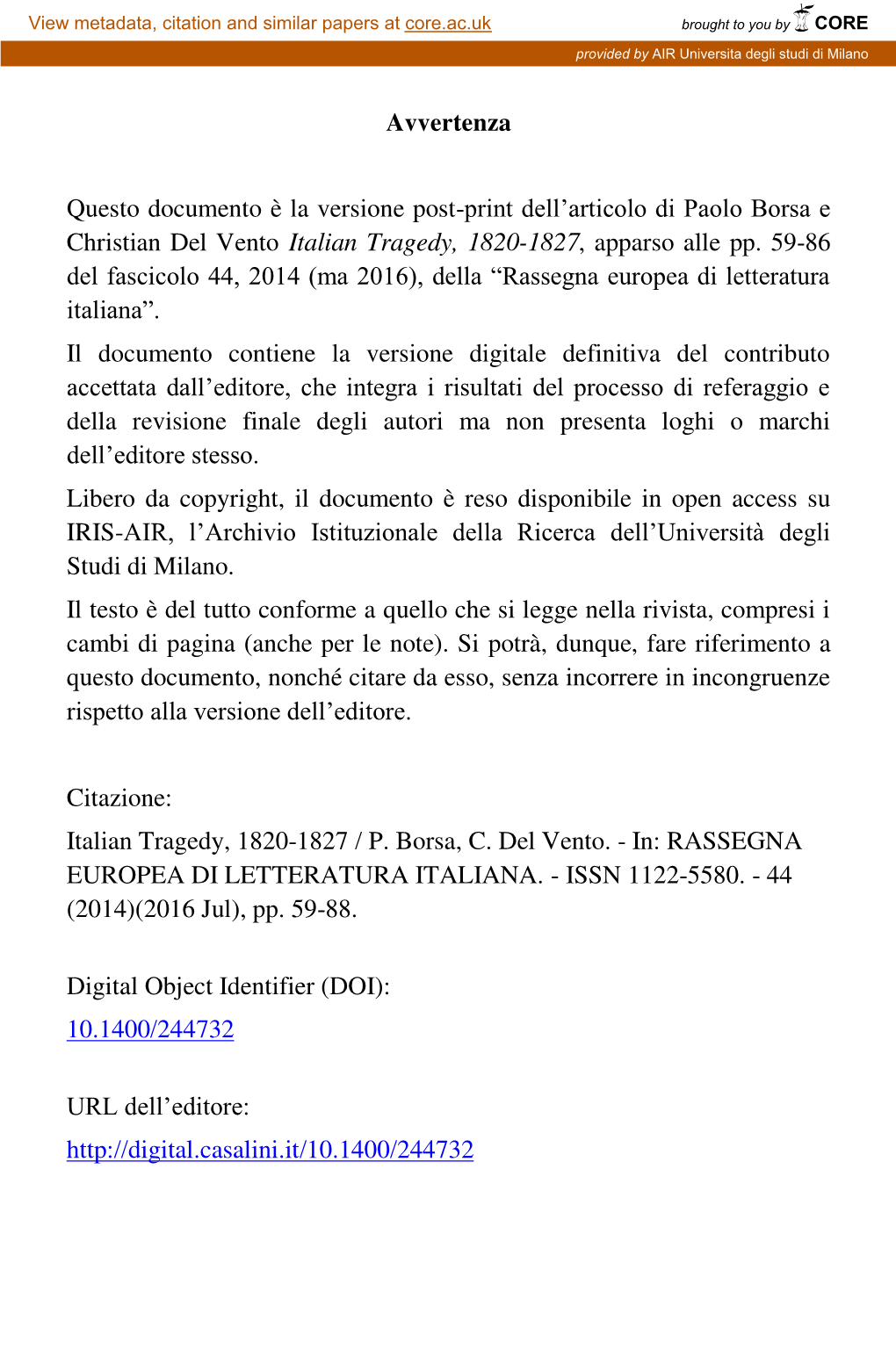 Italian Tragedy, 1820-1827, Apparso Alle Pp