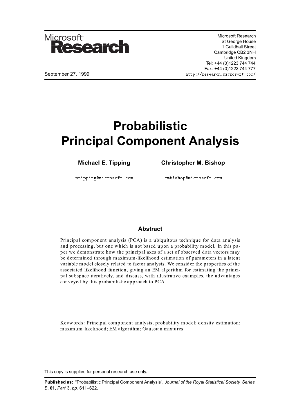 Probabilistic Principal Component Analysis