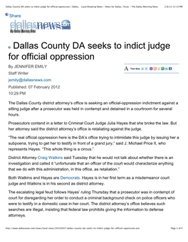 Dallas County DA Seeks to Indict Judge for Official Oppression | Dallas… Local Breaking News - News for Dallas, Texas - the Dallas Morning News 2/8/12 12:15 PM