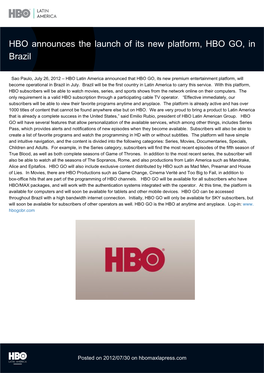 HBO Announces the Launch of Its New Platform, HBO GO, in Brazil