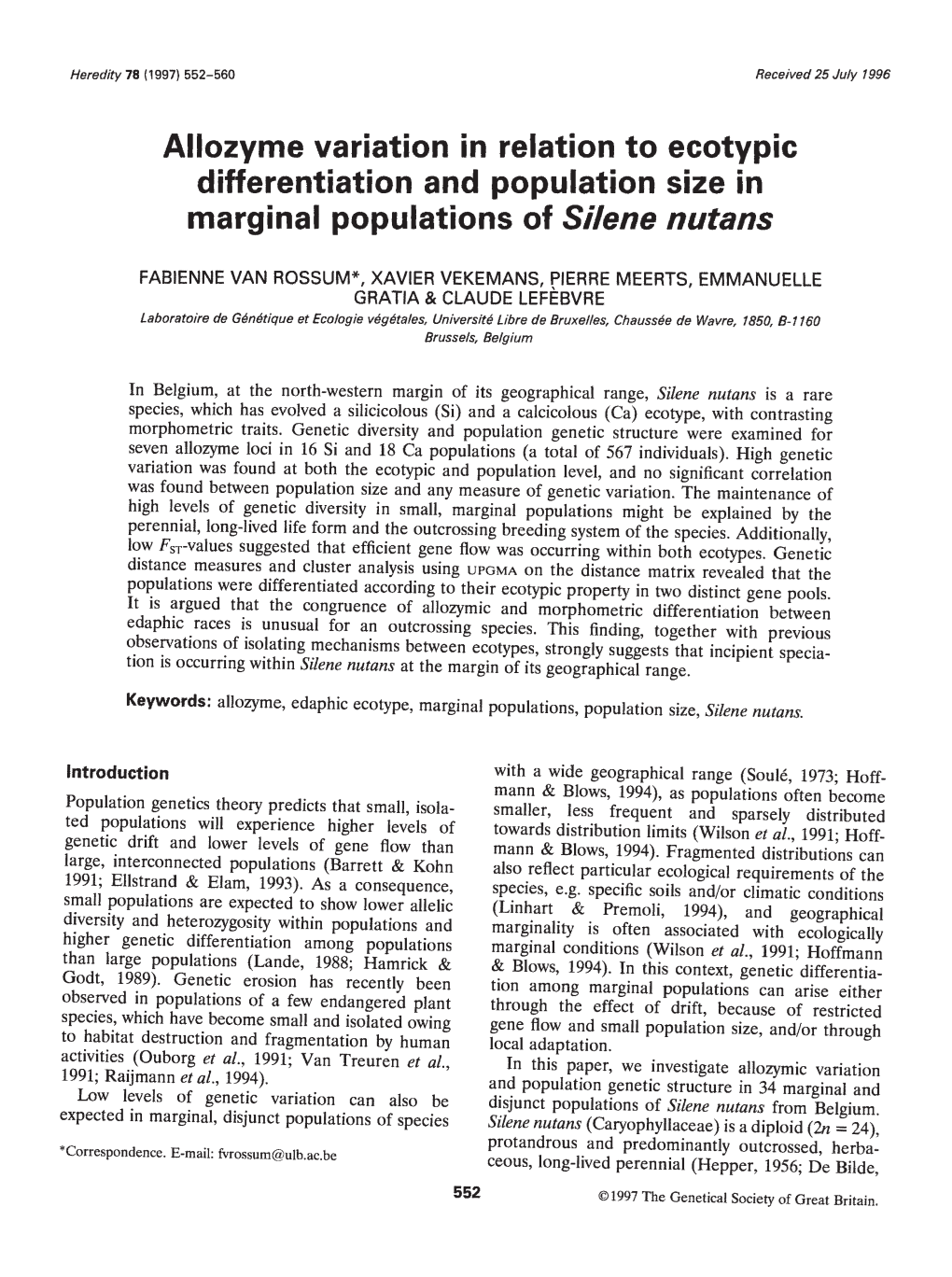 Allozyme Variation in Relation to Ecotypic Differentiation and Population Size in Marginal Populations of Silene Nutans