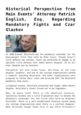 Attorney Patrick English, Esq. Regarding Mandatory Fights and Czar Glazkov