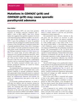 Mutations in CDKN2C (P18) and CDKN2D (P19) May Cause Sporadic Parathyroid Adenoma