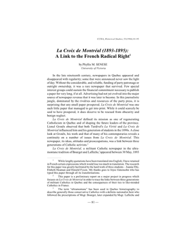 La Croix De Montréal (1893-1895): a Link to the French Radical Right1