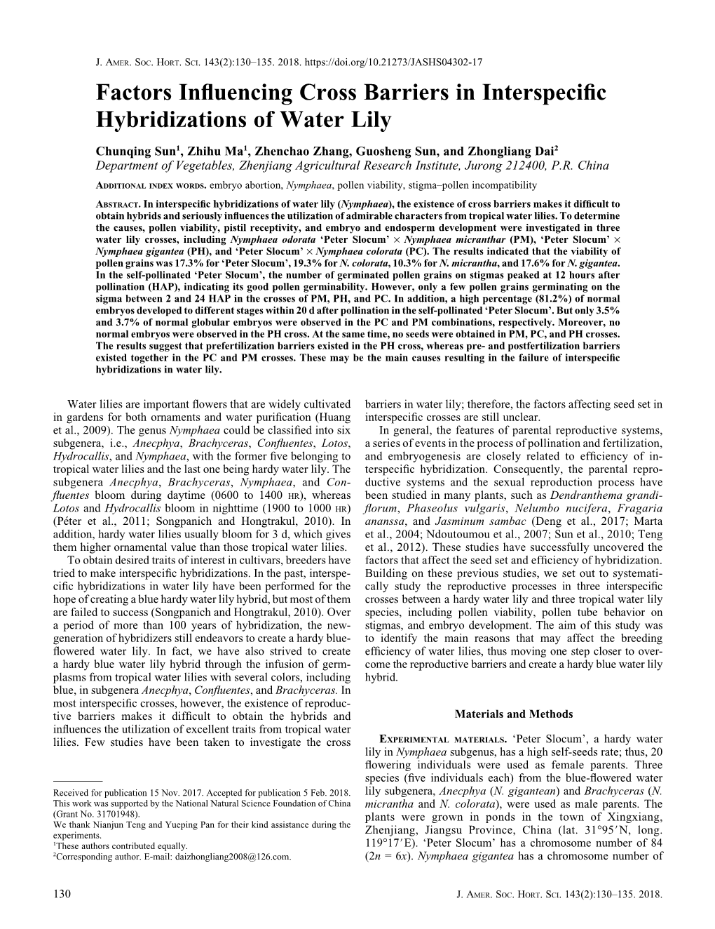 Factors Influencing Cross Barriers in Interspecific Hybridizations of Water Lily