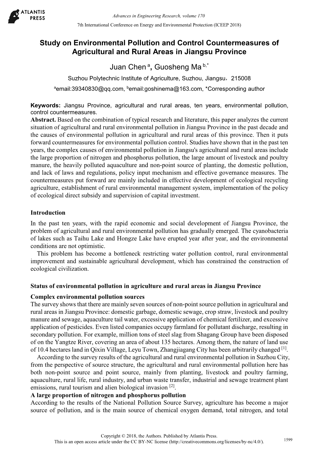 Study on Environmental Pollution and Control Countermeasures of Agricultural and Rural Areas in Jiangsu Province