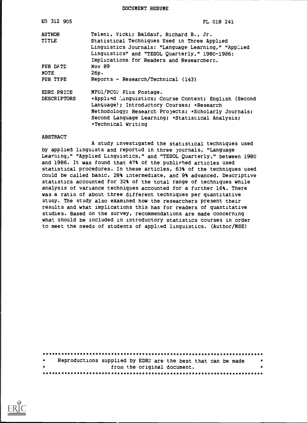 Statistical Techniques Used in Three Applied Linguistics Journals