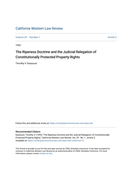 The Ripeness Doctrine and the Judicial Relegation of Constitutionally Protected Property Rights
