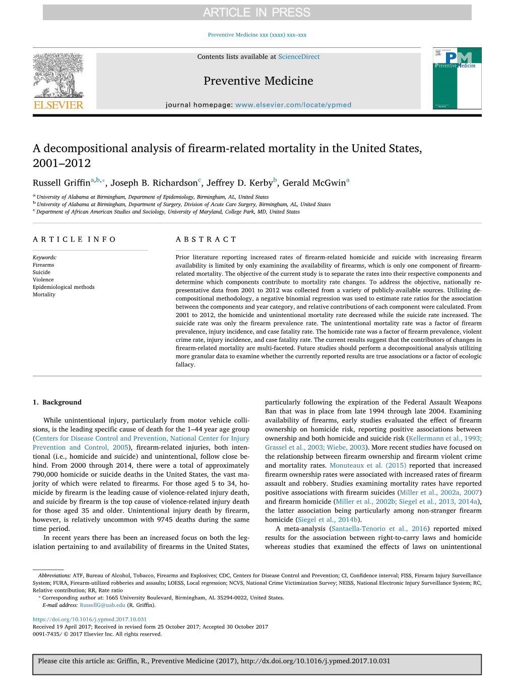 A Decompositional Analysis of Firearm-Related Mortality in the United States, 2001ￃﾢￂﾀￂﾓ2012