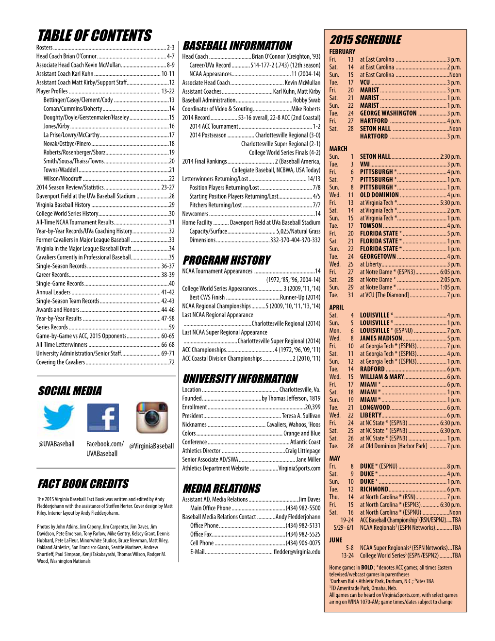 TABLE of CONTENTS 2015 SCHEDULE Rosters