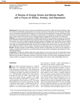 A Review of Energy Drinks and Mental Health, with a Focus on Stress, Anxiety, and Depression