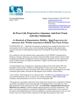 In Press Call, Progressives Announce Anti-Fast Track Activities Nationwide