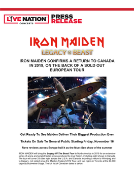 Iron Maiden Confirms a Return to Canada in 2019, on the Back of a Sold out European Tour
