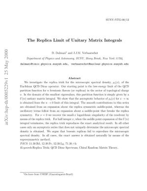 The Replica Limit of Unitary Matrix Integrals