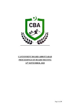 CANTONMENT BOARD ABBOTTABAD PROCEEDINGS of BOARD MEETING 14Th SEPTEMBER, 2020