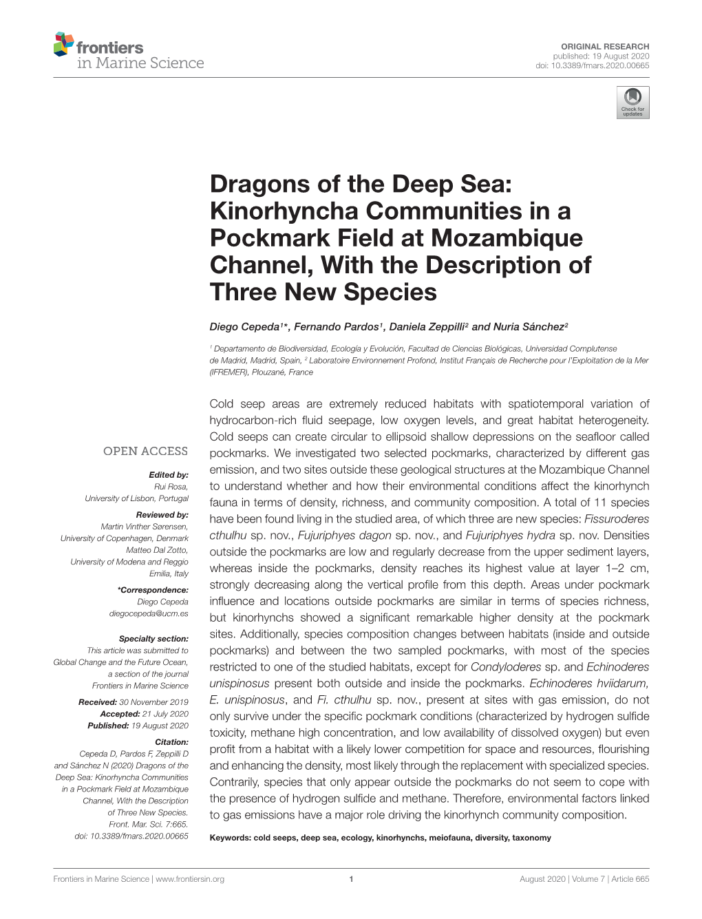 Dragons of the Deep Sea: Kinorhyncha Communities in a Pockmark Field at Mozambique Channel, with the Description of Three New Species