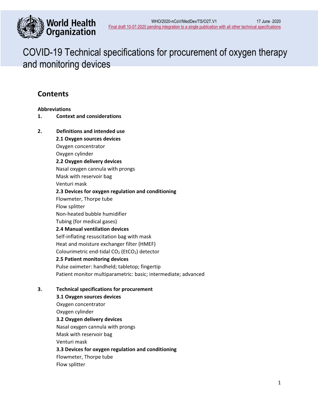 COVID-19 Technical Specifications for Procurement of Oxygen Therapy and Monitoring Devices