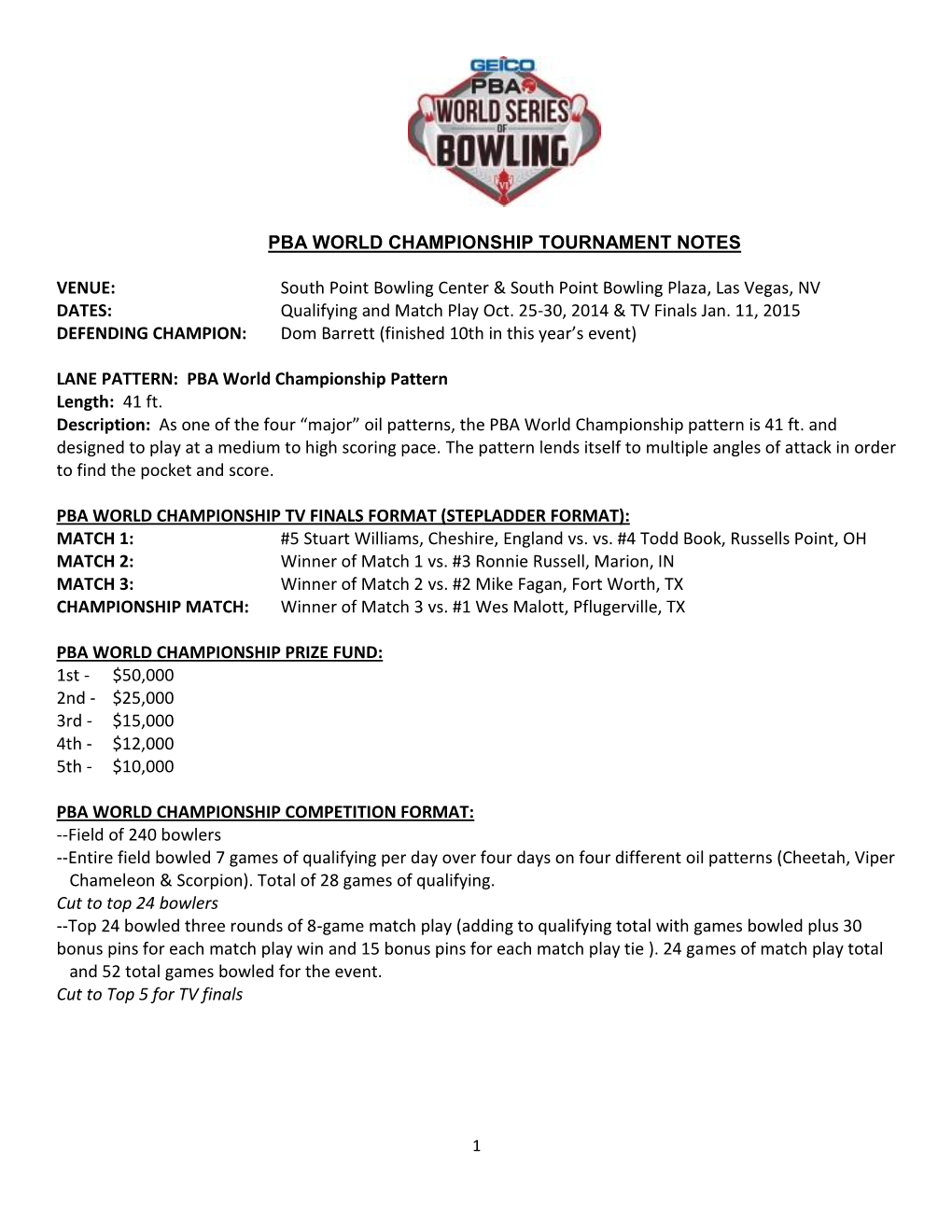 Pba World Championship Tournament Notes Venue