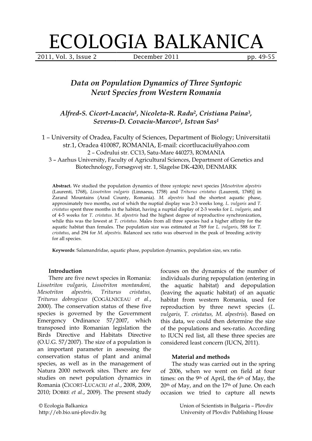 Data on Population Dynamics of Three Syntopic Newt Species from Western Romania