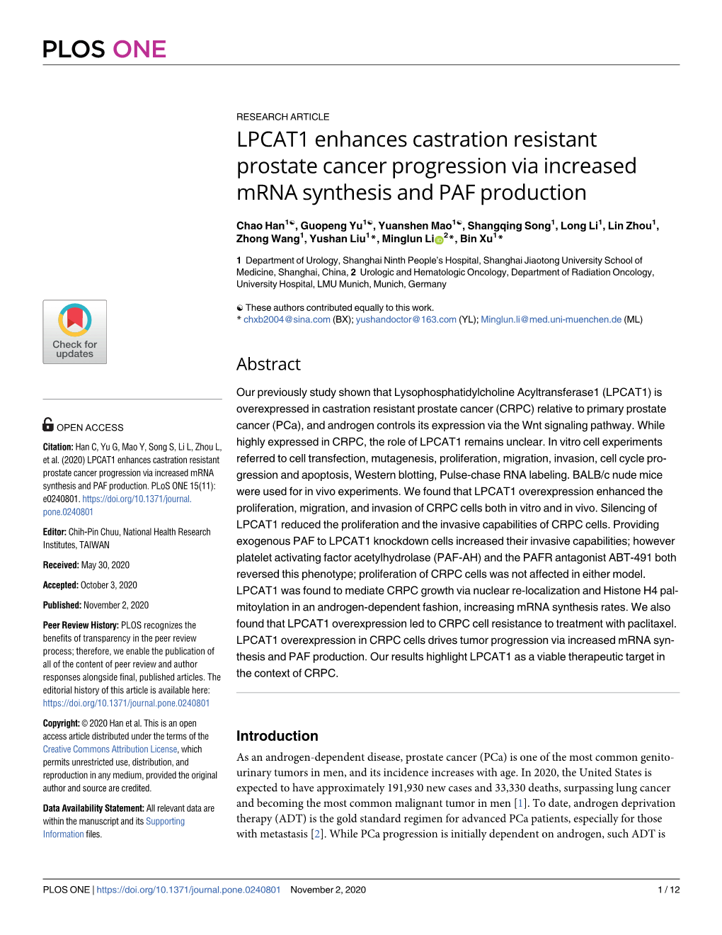 LPCAT1 Enhances Castration Resistant Prostate Cancer Progression Via Increased Mrna Synthesis and PAF Production