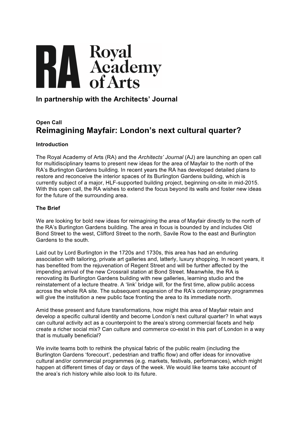 Reimagining Mayfair Open Call RA