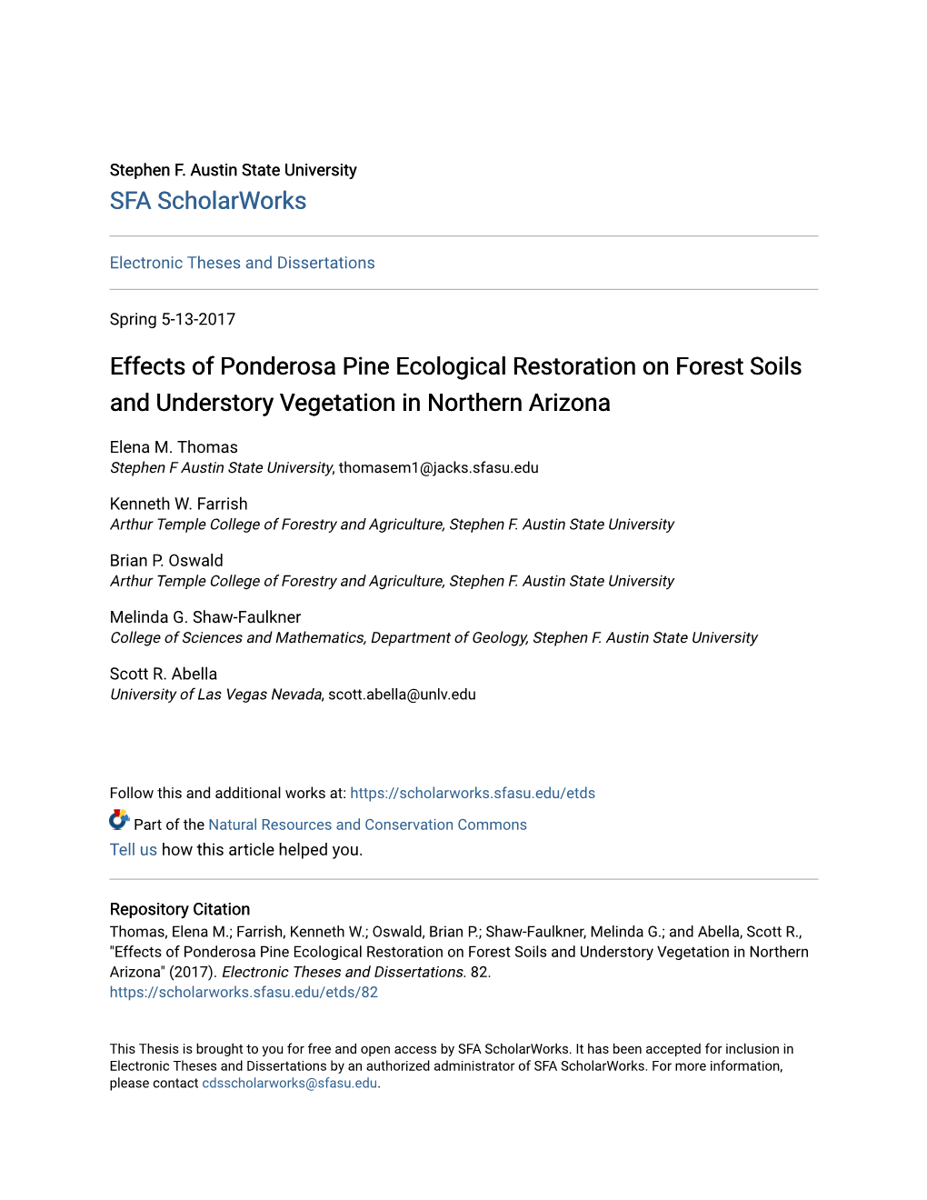 Effects of Ponderosa Pine Ecological Restoration on Forest Soils and Understory Vegetation in Northern Arizona