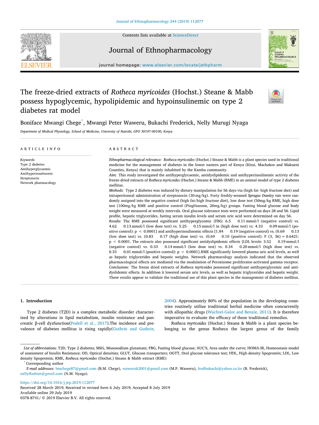 Journal of Ethnopharmacology the Freeze-Dried Extracts of Rotheca Myricoides (Hochst.) Steane & Mabb Possess Hypoglycemic, H