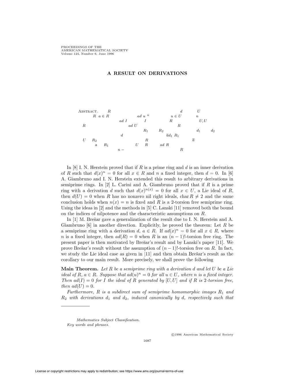 IN Herstein Proved That If R Is a Prime Ring and D Is an Inner Derivation Of