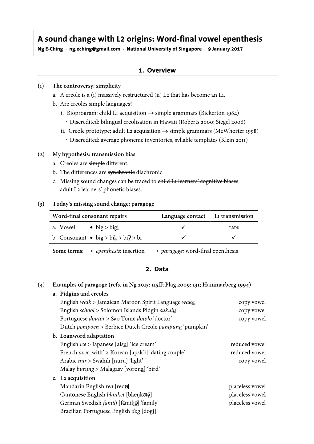 Word-Final Vowel Epenthesis Ng E-Ching · Ng.Eching@Gmail.Com · National University of Singapore · 9 January 2017