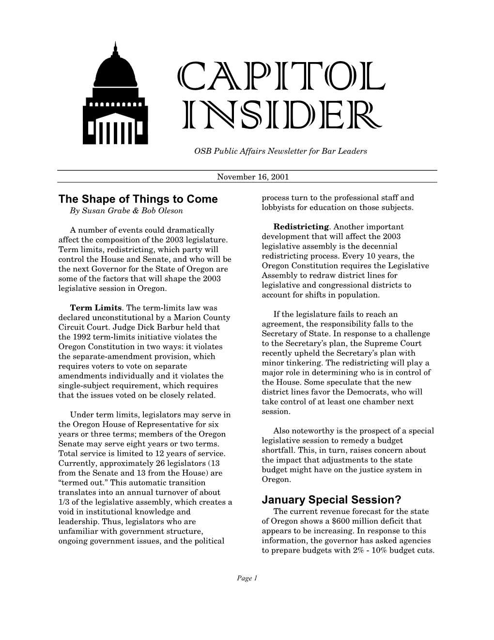 CAPITOL INSIDER OSB Public Affairs Newsletter for Bar Leaders