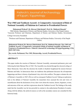 War 1965 and Tashkent Accord: a Comparative Assessment of Role of National Assembly of Pakistan in Contrast to Presidential Powers PJAEE, 17(9) (2020)