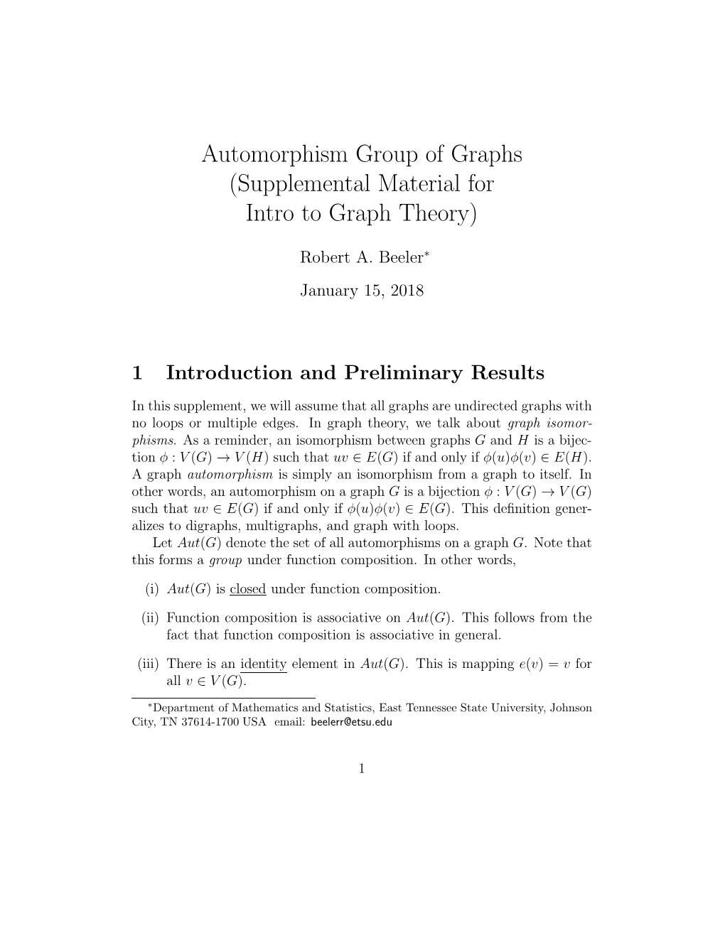 Automorphism Group of Graphs (Supplemental Material for Intro to Graph Theory)