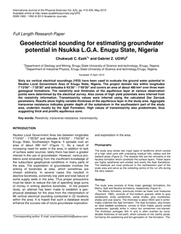 Geoelectrical Sounding for Estimating Groundwater Potential in Nsukka L.G.A