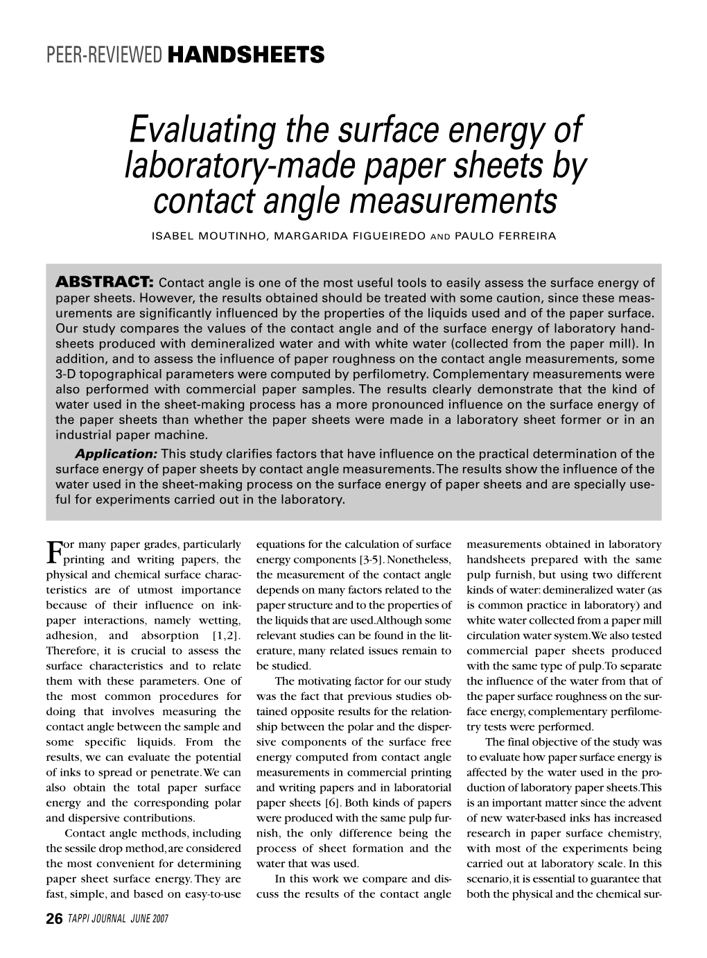 Evaluating the Surface Energy of Laboratory-Made Paper Sheets by Contact Angle Measurements