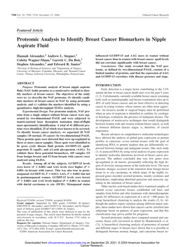 Proteomic Analysis to Identify Breast Cancer Biomarkers in Nipple Aspirate Fluid