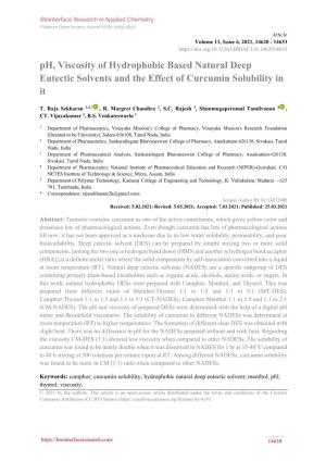 Ph, Viscosity of Hydrophobic Based Natural Deep Eutectic Solvents and the Effect of Curcumin Solubility in It