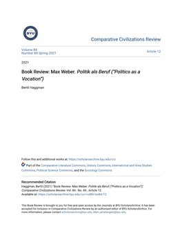 Book Review: Max Weber. &lt;I&gt;Politik Als Beruf (“Politics As a Vocation”)&lt;/I&gt;