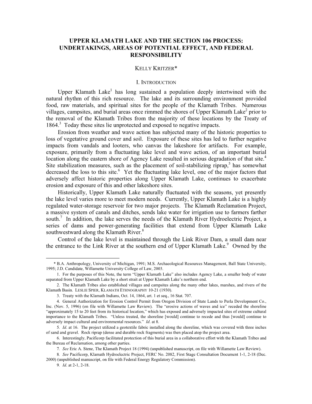 Upper Klamath Lake and the Section 106 Process: Undertakings, Areas of Potential Effect, and Federal Responsibility