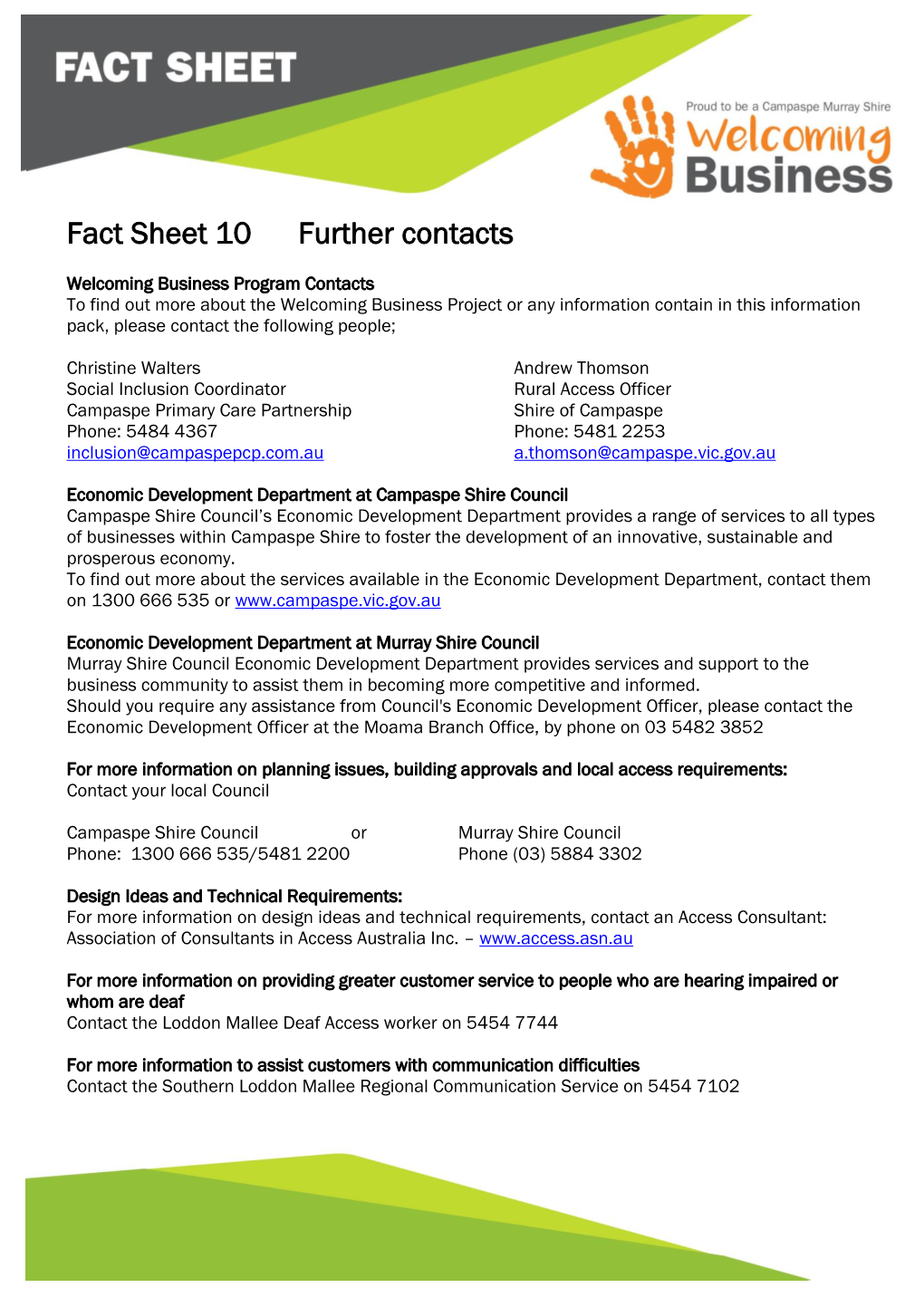 Fact Sheet 10 Further Contacts