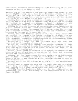 LEGISLATIVE RESOLUTION Commemorating the 187Th Anniversary of the Inde- Pendence of Bolivia on August 6, 2012