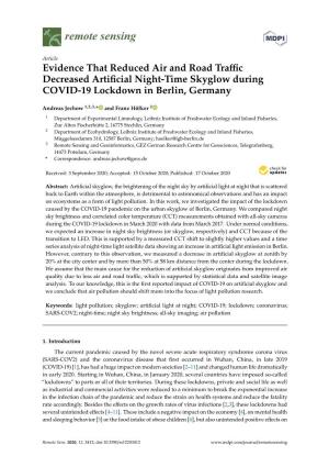 Evidence That Reduced Air and Road Traffic Decreased Artificial Night-Time Skyglow During COVID-19 Lockdown in Berlin, Germany