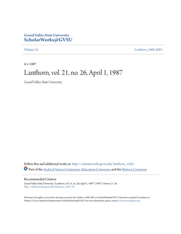 Lanthorn, Vol. 21, No. 26, April 1, 1987 Grand Valley State University