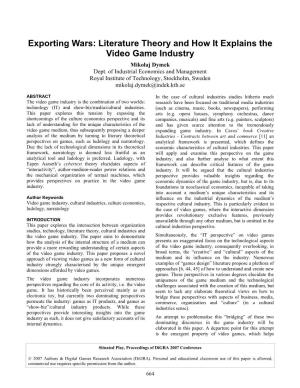 Literature Theory and How It Explains the Video Game Industry Mikolaj Dymek Dept