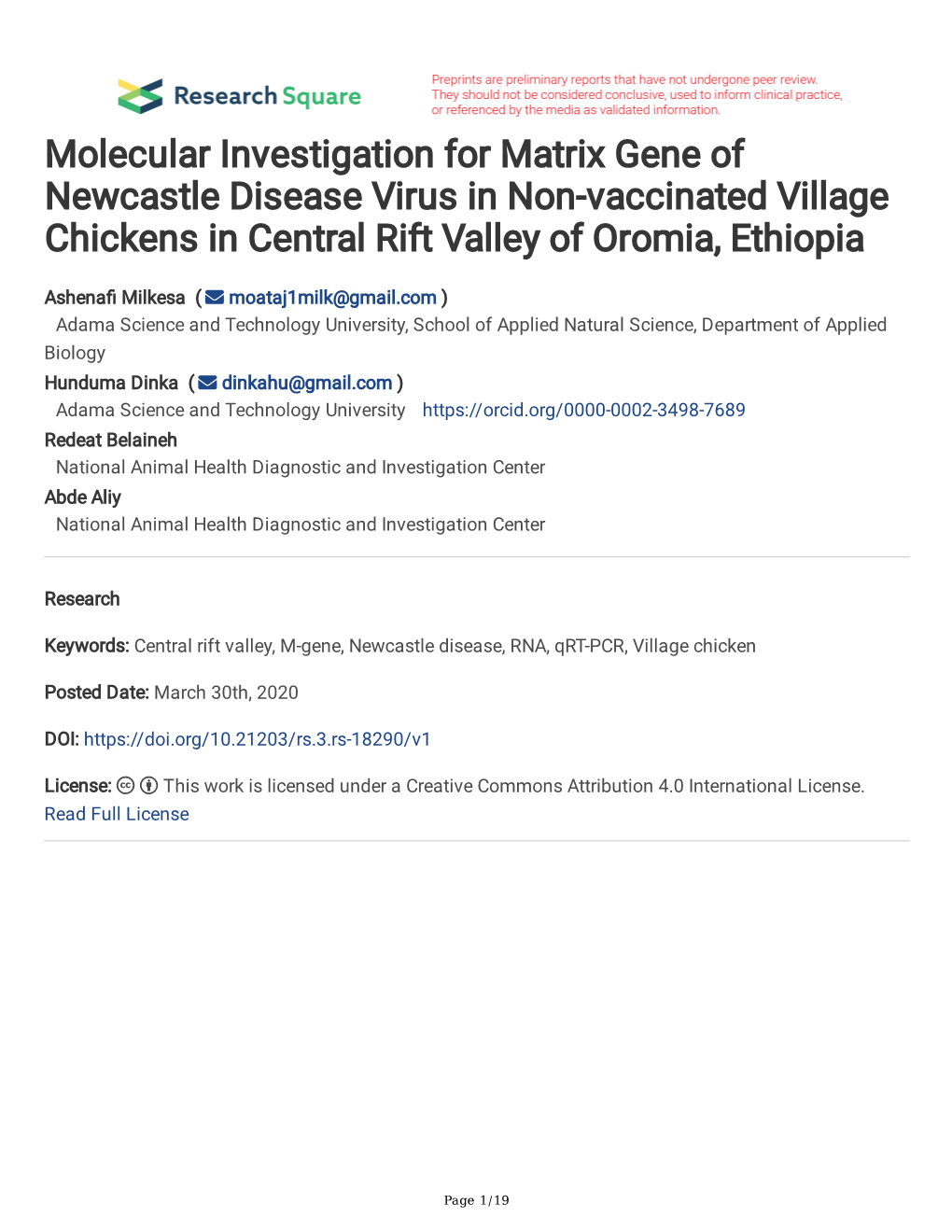 Molecular Investigation for Matrix Gene of Newcastle Disease Virus in Non-Vaccinated Village Chickens in Central Rift Valley of Oromia, Ethiopia